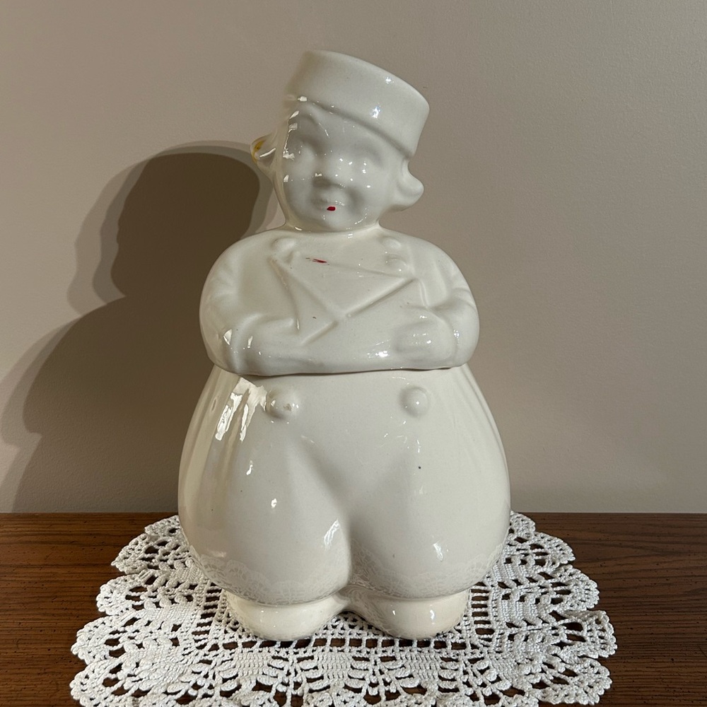 Vintage 1940's White Opaque American Bisque Dutch Boy with Sailboat Cookie Jar
